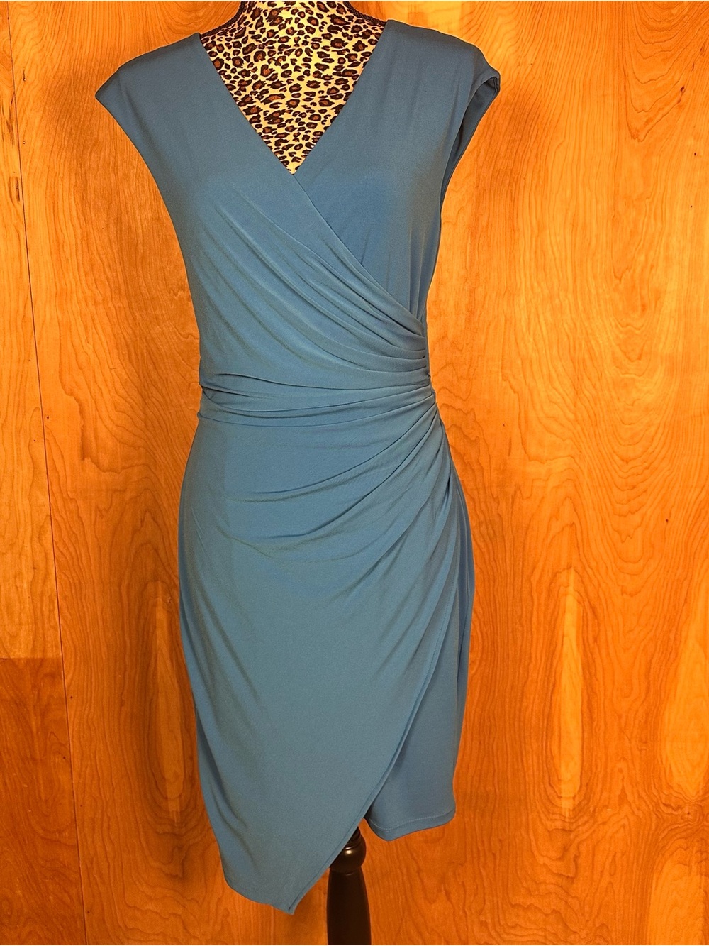London Times Blue Faux-Wrap Midi Dress